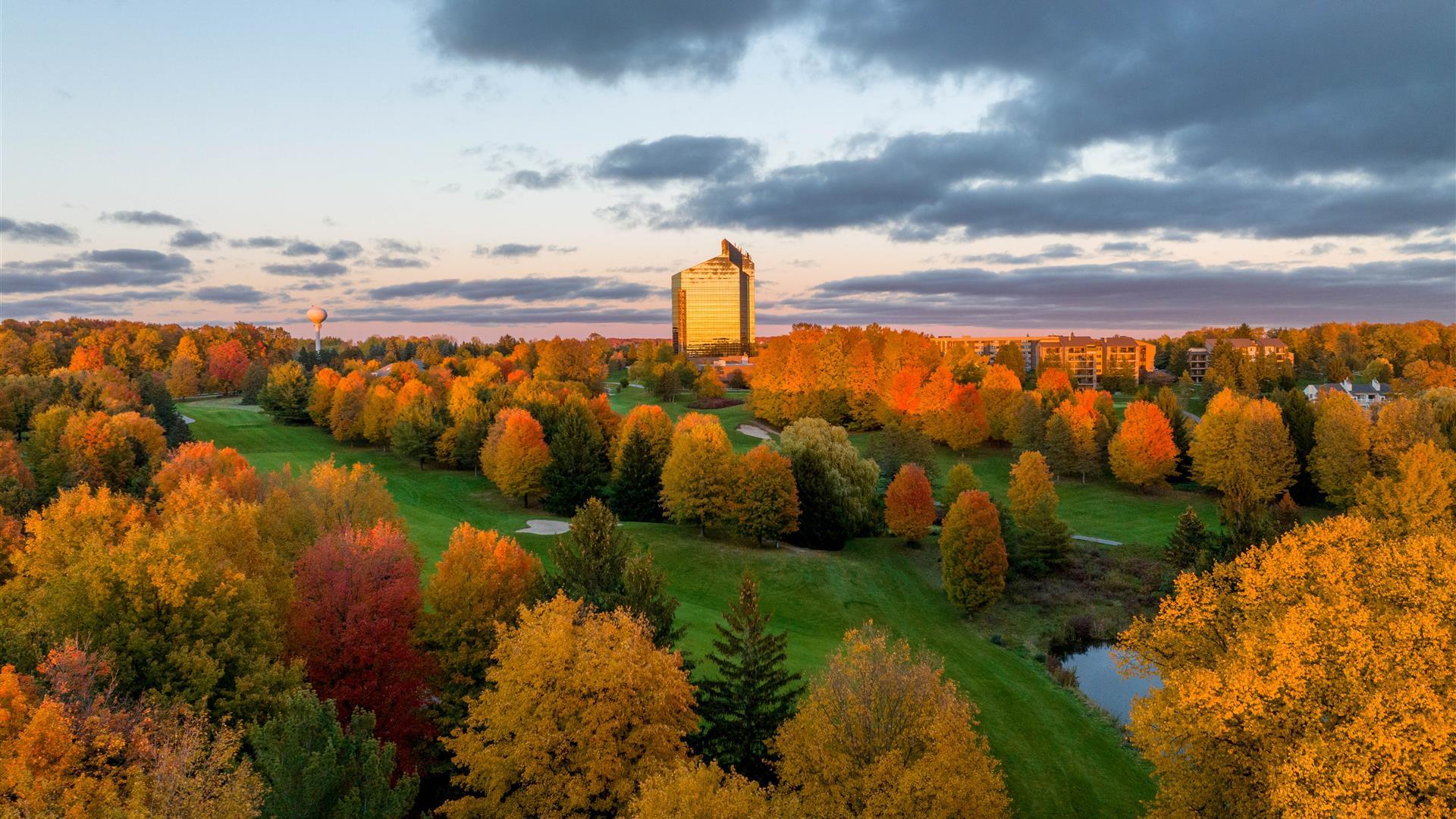 Fall trees at Grand Traverse Resort and Spa with the Tower in the back.